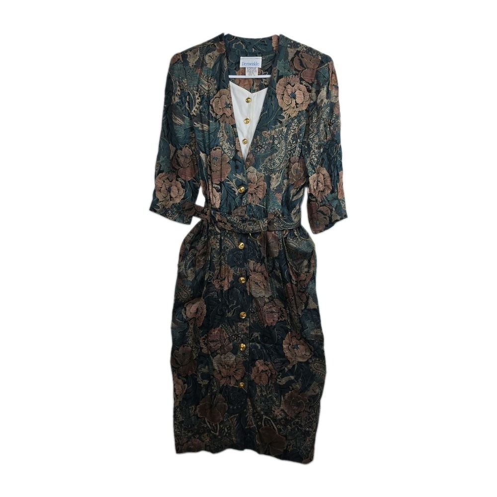 Vintage Periwinkle Floral Dress Womens 10 Belted 80s 90s Midi Cottagecore